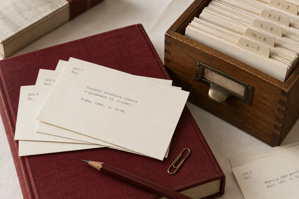 Vrstvy kartotéčních lístků a rozevřený bibliografický archiv.
